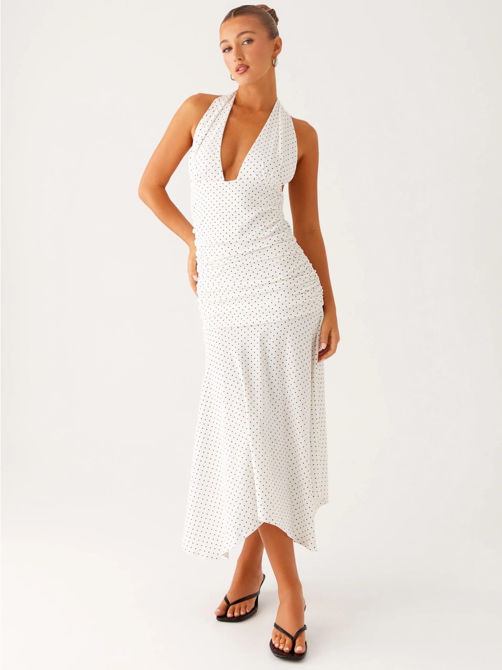 Peppermayo White Dress with Black Polka Dots One-Shoulder Halter